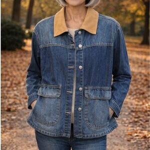Evaless Denim Barn Jacket Medium Wash Chore Pockets Field Coat Tan Collar Jacket